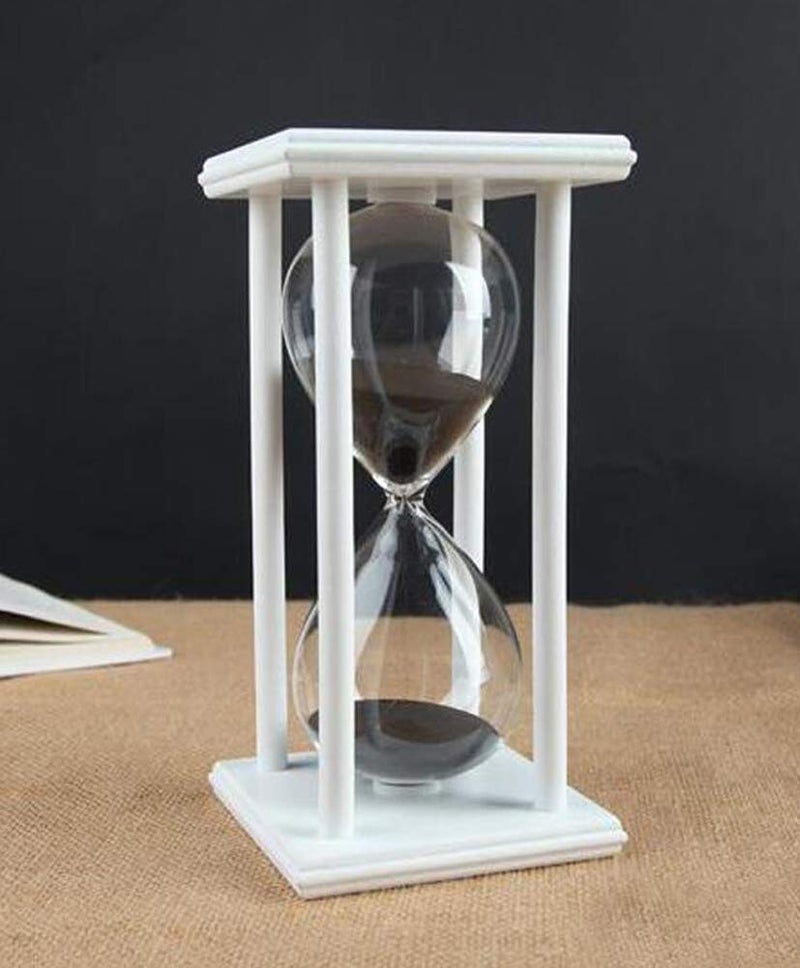 Lodunsyr Hourglass Timer for 60 Minutes Sandglass Timer for Kitchen Living Room Home Office Desk Bedroom Party Festival Coffee Table Book Shelf School Game Sand Timer Clock (White Frame Black Sand) - Image 1